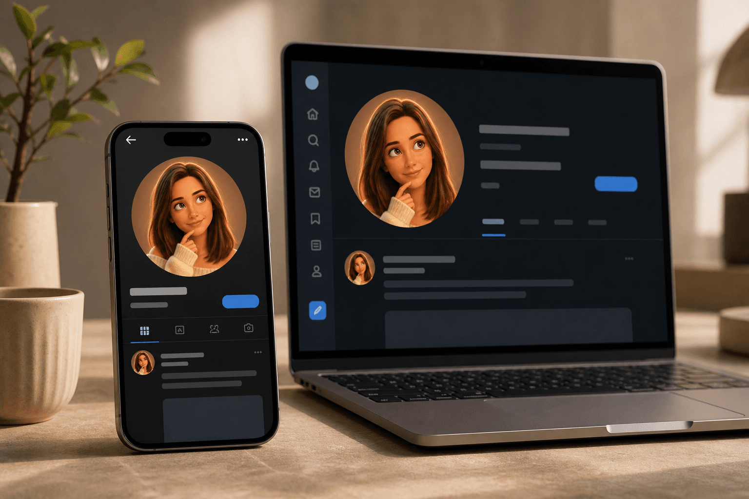 The same MIMIC avatar used as a social identity on a phone and laptop