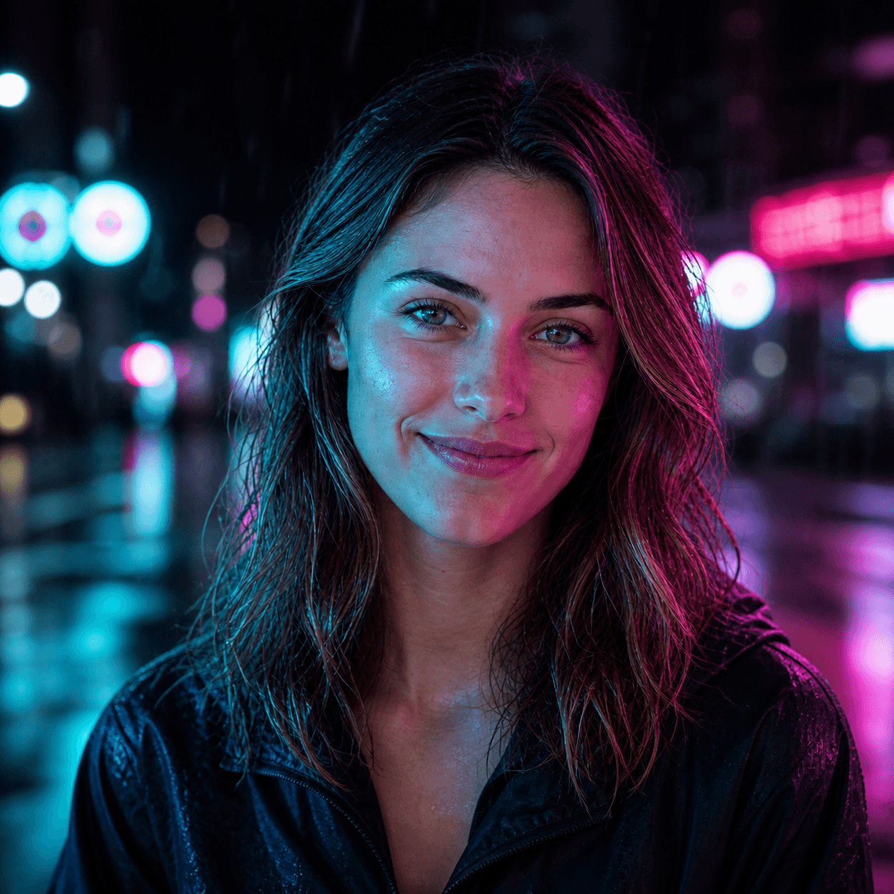 Neon rain profile avatar preserving the identity of the AI-created demo model